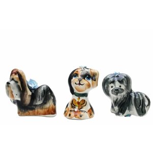"Собачки" 3 штуки Набор фарфоровых елочных игрушек украшений Гжель коллекция цветная в картонной коробке