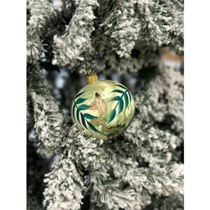 Стеклянный елочный шар ручной работы 8 см, с рисунком зеленых листьев