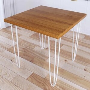 Стол кухонный Loft с квадратный столешницей цвета ольхи из массива сосны 40 мм и белыми ножками-шпильками, 80x80х75 см