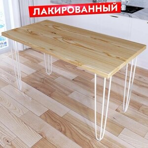 Стол кухонный Loft с лакированной столешницей из массива сосны 40 мм и белыми металлическими ножками-шпильками, 130х80х75 см