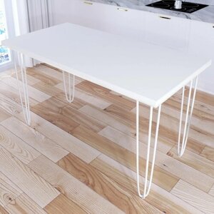 Стол кухонный Loft со столешницей белого цвета из массива сосны 40 мм и белыми металлическими ножками-шпильками, 140х80х75 см