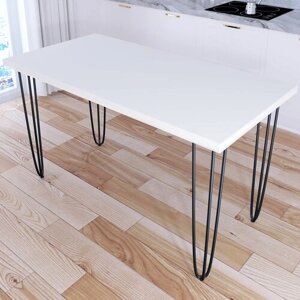 Стол кухонный Loft со столешницей белого цвета из массива сосны 40 мм на черных металлических ножках-шпильках, 140х75х75 см