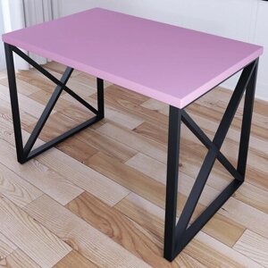 Стол кухонный Loft со столешницей розового цвета из массива сосны 40 мм и черными металлическими крестообразными ножками, 110х70х75 см