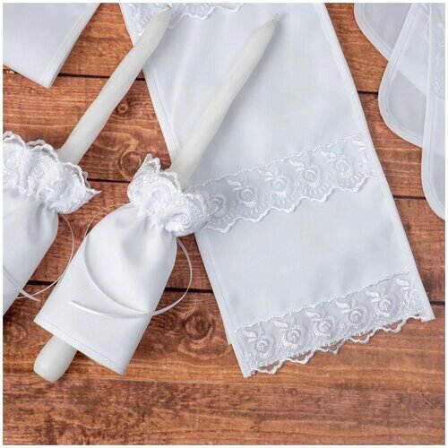 Свадебный набор на венчание ручной работы с рушниками, подставками для свечей и салфетками из белого габардина с шелковым кружевом, 7 предметов