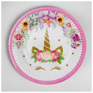 Тарелка бумажная Единорог и цветы, набор 6 шт, цвет розовый
