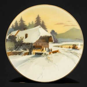 Тарелка настенная с изображением зимнего пейзажа, фаянс, роспись, золочение