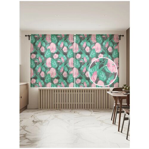 Тюль для кухни и спальни JoyArty "Акварель ночных цветов", 2 полотна со шторной лентой шириной по 145 см, высота 180 см.