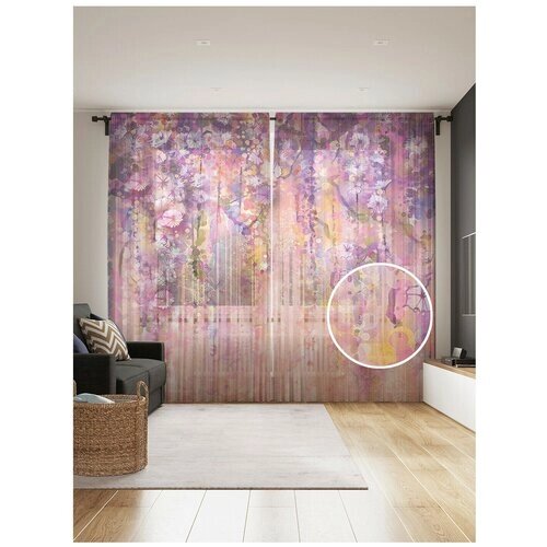 Тюль для кухни и спальни JoyArty "Цветочный занавес", 2 полотна со шторной лентой шириной по 145 см, высота 265 см.