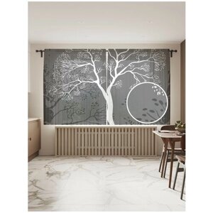 Тюль для кухни и спальни JoyArty "Дерево фантом", 2 полотна со шторной лентой шириной по 145 см, высота 180 см. Серый, белый, черный