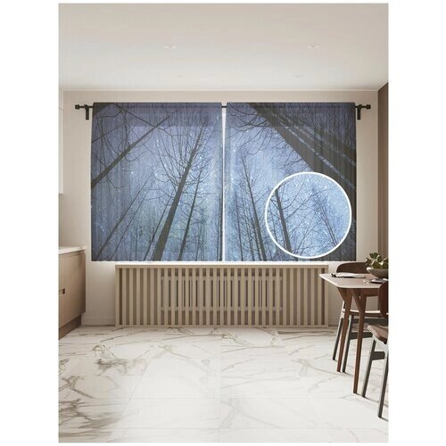 Тюль для кухни и спальни JoyArty "Кроны деревьев в небе", 2 полотна со шторной лентой шириной по 145 см, высота 180 см.