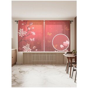 Тюль для кухни и спальни JoyArty "Сакура в Японии", 2 полотна со шторной лентой, 145x180 см.