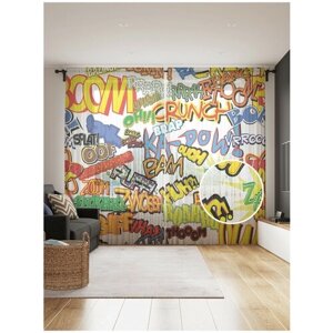 Тюль для кухни и спальни JoyArty "Шуточные фразы комикса", 2 полотна со шторной лентой шириной по 145 см, высота 265 см.