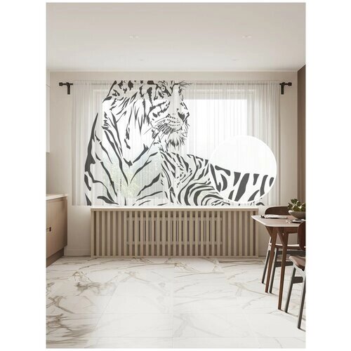 Тюль для кухни и спальни JoyArty "Тигр на отдыхе графика", 2 полотна со шторной лентой шириной по 145 см, высота 180 см.