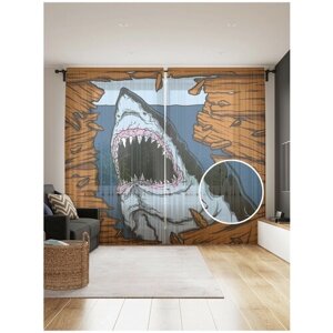 Тюль для кухни и спальни JoyArty "Злая акула", 2 полотна со шторной лентой шириной по 145 см, высота 265 см.