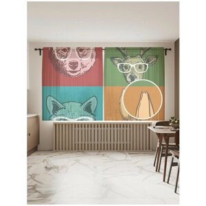 Тюль для кухни и спальни JoyArty "Звери в очках", 2 полотна со шторной лентой шириной по 145 см, высота 180 см.