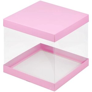 Упаковка для торта на 1,5 кг. 23,5х23,5х22 прозрачная Розовая премиум