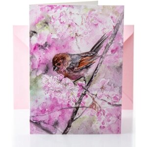 Авторская открытка "Птичка в сакуре" для женщин на 8 Марта