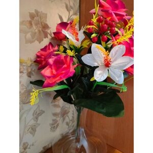 Букет искусственных цветов для интерьера "Оранжево-фиолетовые розы с гибискусом"1 букет, 11 веток, высота 54см