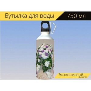 Бутылка фляга для воды "Цветы, букеты, фиолетовый" 750 мл. с карабином и принтом