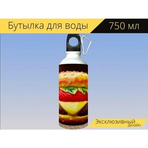 Бутылка фляга для воды "Гамбургер, сырный бургер, вкусный" 750 мл. с карабином и принтом