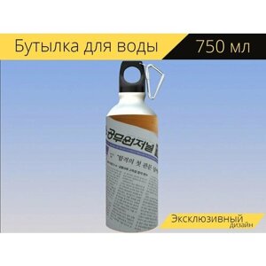Бутылка фляга для воды "Газета, южная корея, официальный" 750 мл. с карабином и принтом