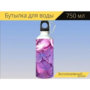 Бутылка фляга для воды "Гортензия, цветок, цветы" 750 мл. с карабином и принтом