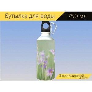 Бутылка фляга для воды "Картина, фиолетовый, цветочный" 750 мл. с карабином и принтом