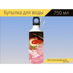 Бутылка фляга для воды "Колбаса, колбасное ассорти, еда" 750 мл. с карабином и принтом