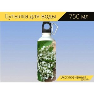 Бутылка фляга для воды "Ландыши, белый, весна" 750 мл. с карабином и принтом