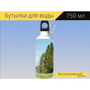 Бутылка фляга для воды "Луг, цветы, деревья" 750 мл. с карабином и принтом