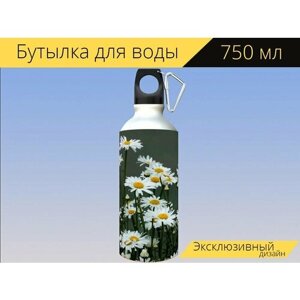 Бутылка фляга для воды "Маргаритка, цветок, белый" 750 мл. с карабином и принтом