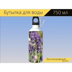 Бутылка фляга для воды "Пчела, насекомое, лаванда" 750 мл. с карабином и принтом