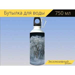 Бутылка фляга для воды "Пейзаж, дерево, снег" 750 мл. с карабином и принтом