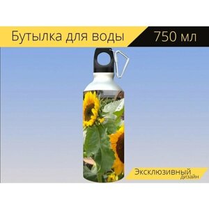 Бутылка фляга для воды "Подсолнухи, желтые цветы, природа" 750 мл. с карабином и принтом