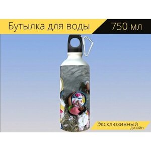 Бутылка фляга для воды "Река, прачки, работа" 750 мл. с карабином и принтом