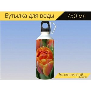 Бутылка фляга для воды "Тюльпан, цветок, тюльпаны" 750 мл. с карабином и принтом