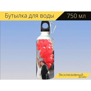 Бутылка фляга для воды "Воздушный шар, невеста и жених, свадьба" 750 мл. с карабином и принтом