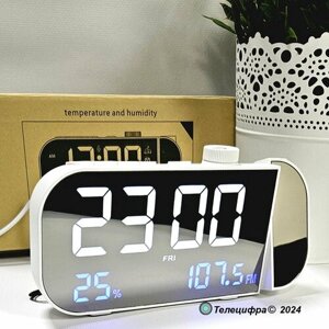 Часы электронные настольные с радио и проекцией на потолок, с будильником и термометром, с подсветкой и белыми цифрами. Радио часы проекционные