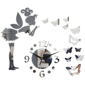 Часы-наклейка "Фея с бабочками", 60 х 60 см, 1 АА, серебро