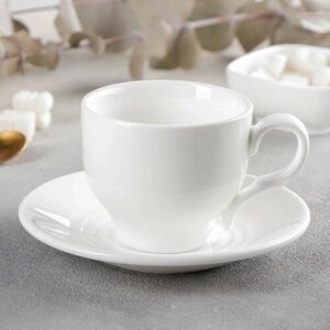 Чайная пара фарфоровая Wilmax, 2 предмета: чашка 220 мл, блюдце d=14,2 см, цвет белый, 6 штук