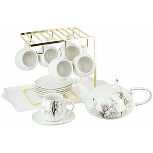 Чайный набор посуды на 6 персон 1150/280 мл 5th Avenue Golden Forest, чайник, 6 чашек и блюдец на подставке с подносом, подарочный белый фарфор