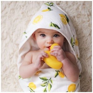 Детское двухстороннее полотенце с капюшоном махра/муслин Лимончики 75*75 см.