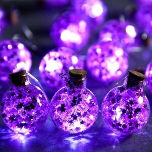 Гирлянда Нить 16 м с насадками Фиолетовые шарики, IP20, серебристая нить, 15 LED, свечение белое, ААх2