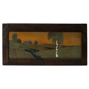 Картина "Пейзаж с березой" в раме с басменными накладками, дерево, роспись
