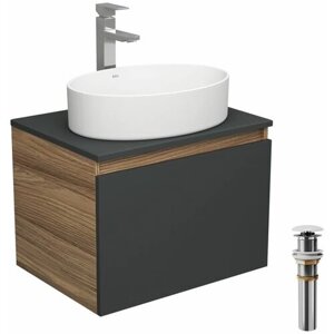 Комплект для ванной, 4 предмета (тумба Bau 60, графит + раковина BAU Nimb 50х36 + смеситель Hotel Still, выпуск клик-клак, белый)