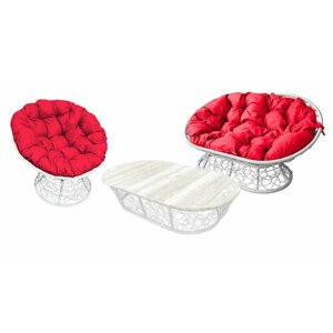 Комплект M-group мамасан, папасан и стол с ротангом белое красная подушка