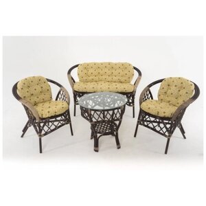 Комплект мебели Vinotti 01/92 (2 кресла+стол+диван), темный коньяк/желтые подушки