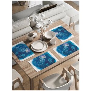Комплект тканевых салфеток, плейсматов JoyArty с закругленными краями с рисунком "Океанские медузы" для сервировки стола 46x30 см, 4шт.
