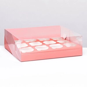 Кондитерская складная коробка для 12 капкейков 31х 23,5 х 10 , Розовая