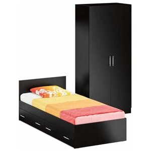 Кровать односпальная с ящиками 900 со шкафом для одежды 2-х створчатым Стандарт, цвет венге, спальное место 900х2000 мм, без матраса, основание есть